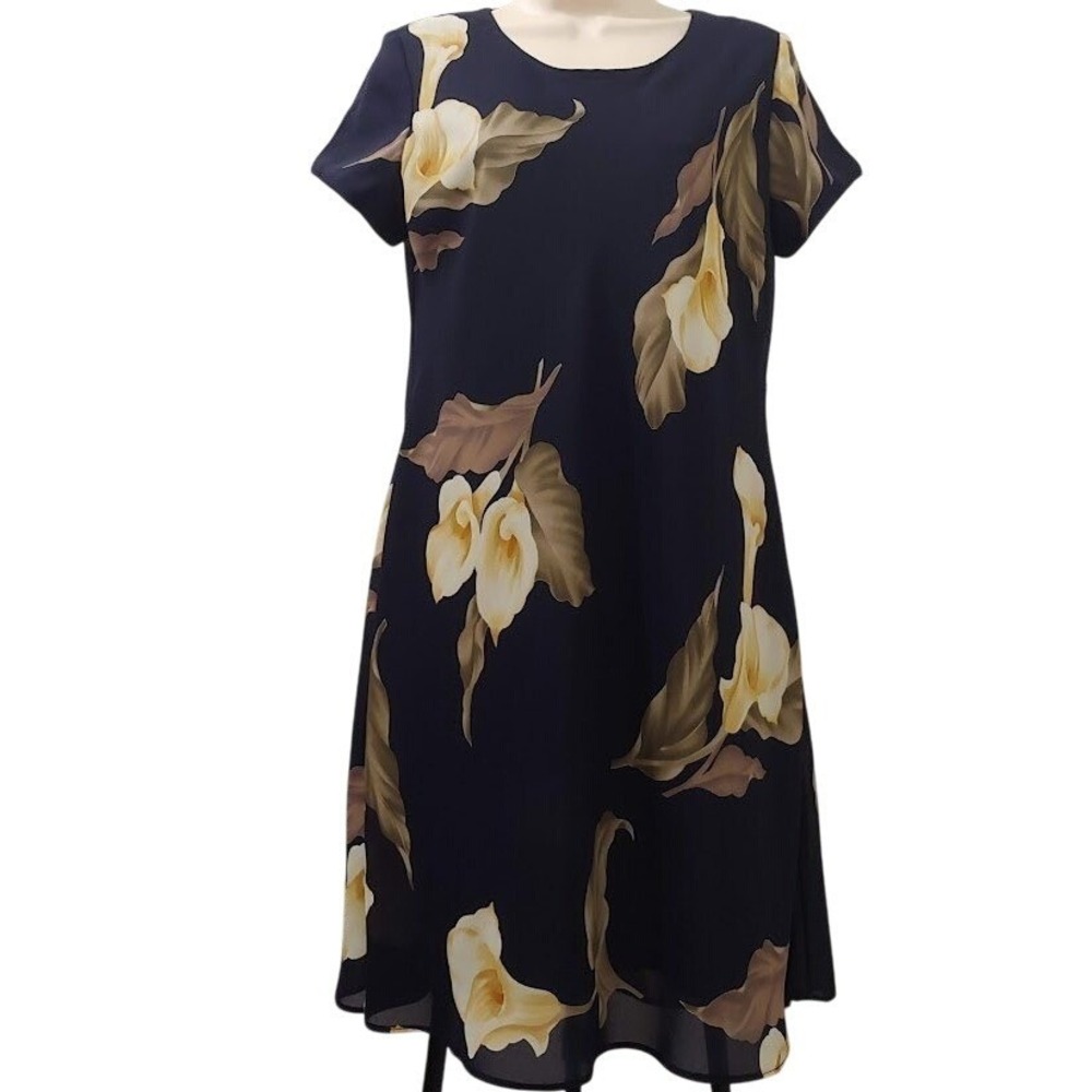 Jessica Howard Petite 10 Womens Howard  Floral Dress‎  Navy Blue Calla Lily